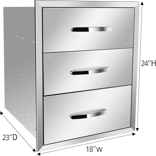 18''W x 24''H x 23''D Outdoor Kitchen Triple Access Drawers Stainless Steel, Flush Mount BBQ with Handles BBQ Island for Outdoor Kitchens or Patio Grill Station
