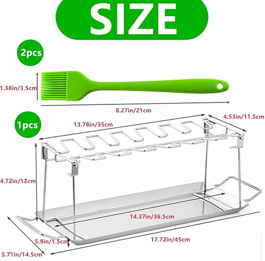 Chicken Leg Rack for Grill with Drip Tray, 14 Slots Stainless Steel Chicken Wing Rack, Chicken Drumstick Holder for Smoker,Chicken Drumstick Rack BBQ Accessories