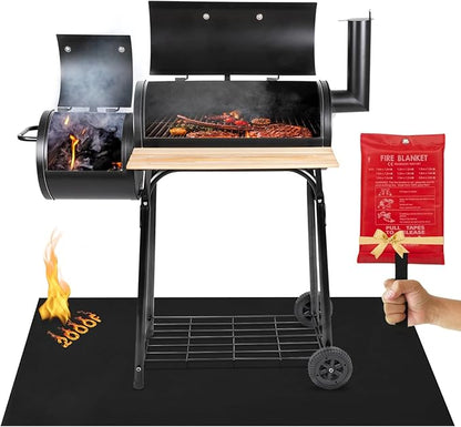 Under Grill Fire Pit Mats for Outdoor Grill Deck Protector - Black Under BBQ Grill Mat w/Fire Blanket & Corner Weights, Double-Sided Fireproof Design, Heat Resistance Up to 2000°F (40x60)