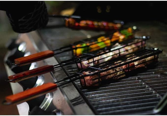 Outset Non-Stick Kabob Grill Basket, Set of 4 19.5" x 2" x 1.5" BBQ Baskets | Easily Make Kabob Skewers On The Grill | Set of 4 Durable Carbon Steel Grill Baskets With Wood Handles | Barbeque Essentials