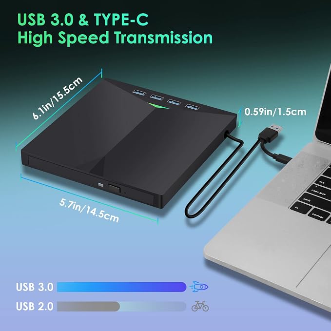 External CD/DVD Drive for Laptop, Type-C CD/DVD Player USB 3.0 Portable Burner Writer Reader Compatible with Mac MacBook Pro/Air iMac Desktop Windows 7/8/10/XP/Vista (Black2)