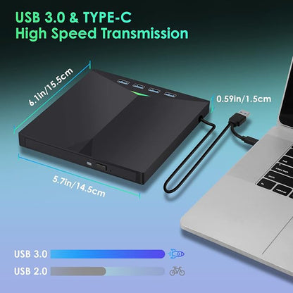 External CD/DVD Drive for Laptop, Type-C CD/DVD Player USB 3.0 Portable Burner Writer Reader Compatible with Mac MacBook Pro/Air iMac Desktop Windows 7/8/10/XP/Vista (Black2)
