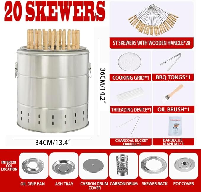 Smokeless Barbecue Hanging Grill With 20 Skewers Stainless Steel Charcoal BBQ Stove Charcoal Braised Grill Barrel Large Capacity Portable 360° All Round Roasting Oven (36cm*34cm (14.2''x13.4''))
