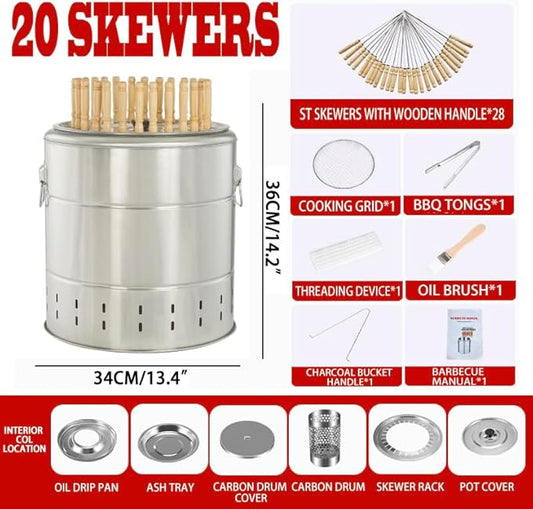 Smokeless Barbecue Hanging Grill With 20 Skewers Stainless Steel Charcoal BBQ Stove Charcoal Braised Grill Barrel Large Capacity Portable 360° All Round Roasting Oven (36cm*34cm (14.2''x13.4''))