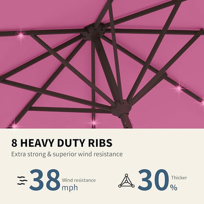 9FT Patio Umbrella with Solar Lights,Outdoor Market Umbrella with Tilt and Crank, LED Lighted Table Umbrella for Garden,Deck,Backyard,Pool,Beach (Rose Pink)