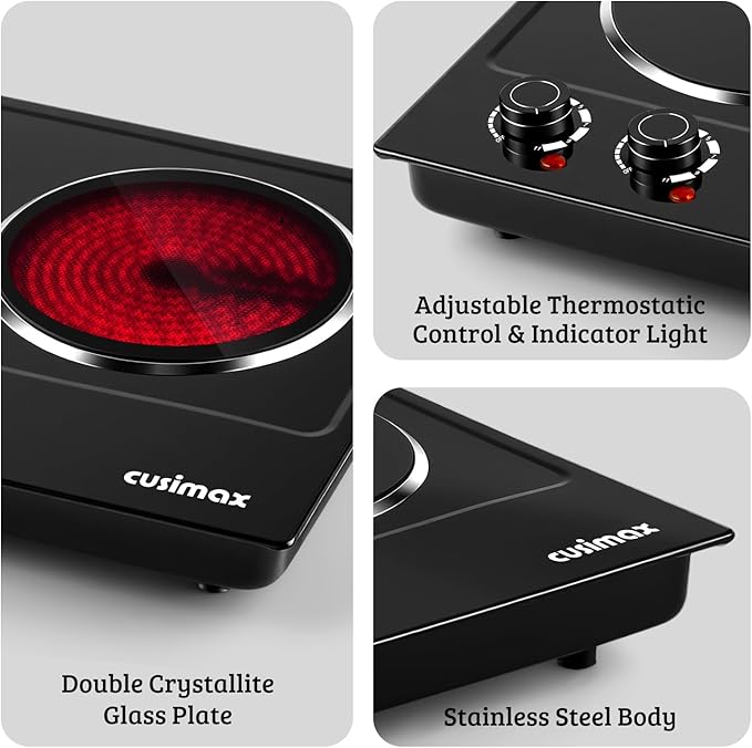 CUSIMAX Double Burner, 1800W Ceramic Electric Hot Plate for Cooking, Black | Countertop Infrared Burner with Dual Temperature Control, Heat-up in Seconds, Works with All Cookware, Stainless Steel