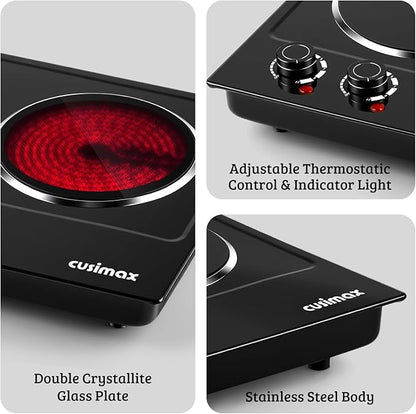 CUSIMAX Double Burner, 1800W Ceramic Electric Hot Plate for Cooking, Black | Countertop Infrared Burner with Dual Temperature Control, Heat-up in Seconds, Works with All Cookware, Stainless Steel