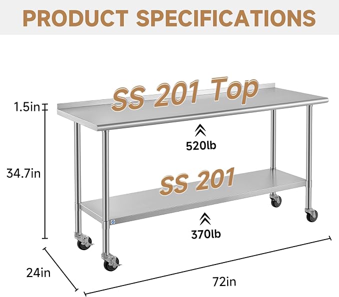 ROCKPOINT All Stainless Steel Prep Table with Caster & Backsplash 24x72 Inch，Commercial Heavy Duty Workbench with Stainless Legs & Adjustable Undershelf,890 lb Capacity for Outdoor Kitchens with Wheel