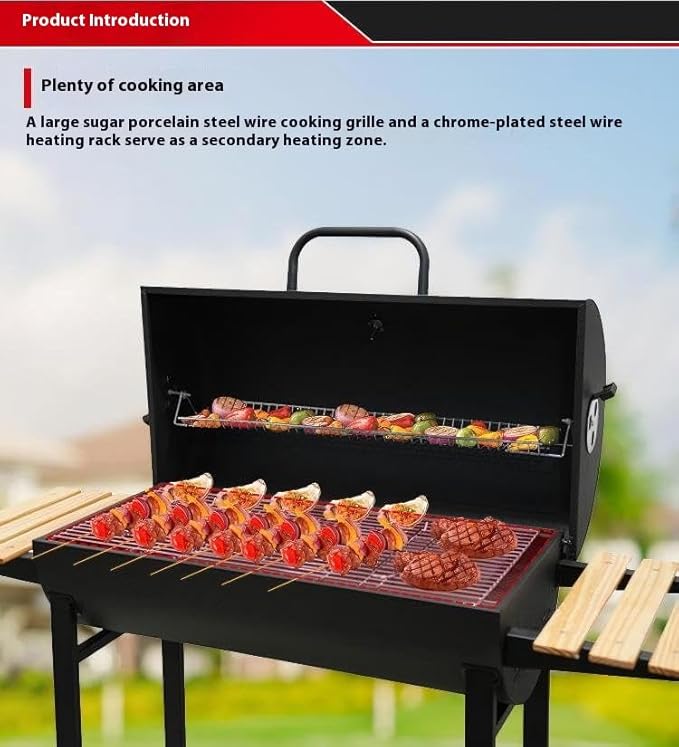 Charcoal Grill with Two Side Tables, Heavy Duty Steel BBQ Grill for Outdoor Picnics, Backyard Patios and Parties