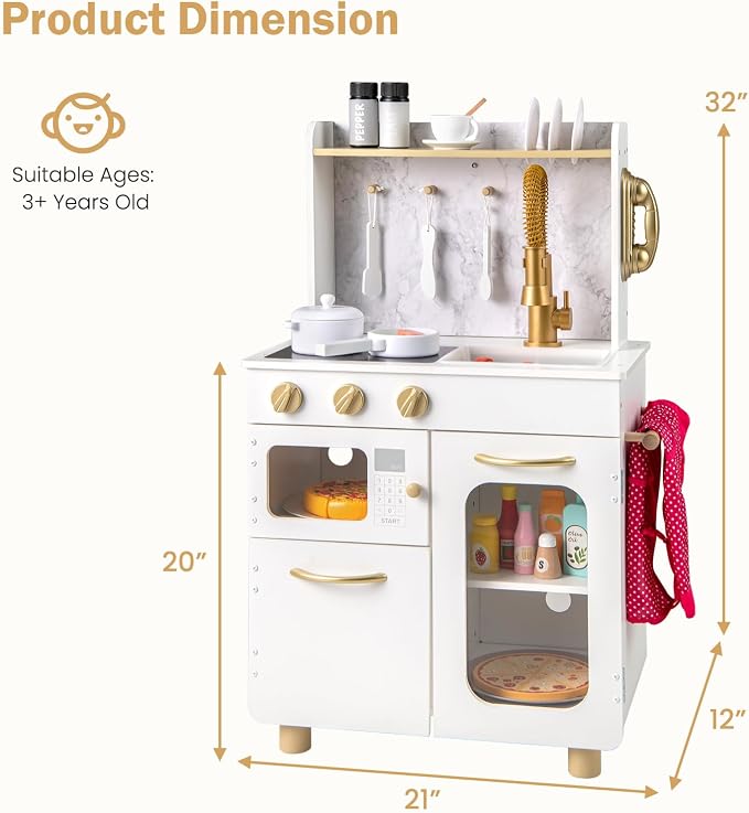 INFANS Kids Kitchen Playset, Toddler Wooden Pretend Cooking Set with Telephone Stove Microwave Storage Cabinet, Play Kitchen Toy Set with Toy Food Cookware Accessories for Children Boys Girls