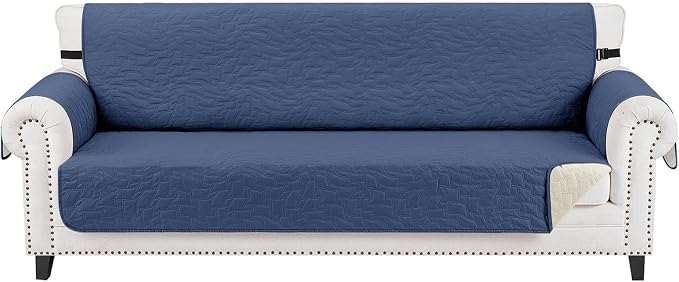 CUCRAF Non Slip Quilted Sofa Cover, Water Resistant Slipcover Furniture Protector for 4 Cushion Sofa Pet Friendly, Washable Couch Cover with Adjustable Elastic Straps (XX-Large, Dark Blue)