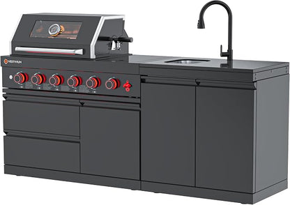SERA C 4-Burner Natural Gas Outdoor Kitchen with Dual Sink Black | Black 304 stainless steel, 75,300 BTU + side burner, dual-door sink with pull-out faucet, locking casters, patio backyard