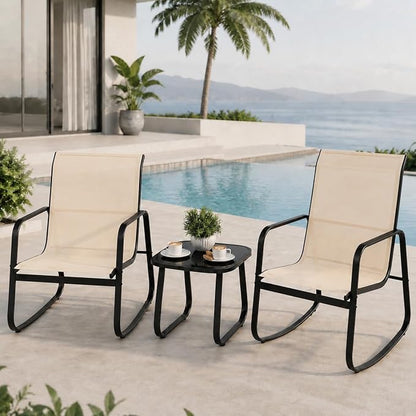 DWVO 3 Piece Rocking Patio Furniture Set Textilene Patio Set Outdoors Brown | Heavy-duty Small Patio Furniture Set w/Breathable Fabric, Smooth Rocking, Tempered Glass Table, Easy Assembly and Cleaning