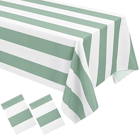 2 Pack Green and White Striped Rectangular Tablecloth, 54x108inch, Polyester Fabric, Washable, for Afternoon Tea, Birthday Party, Picnic, Barbecue, Indoor Outdoor Dining