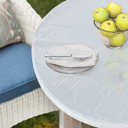 LUSHVIDA Round Waterproof Table Cover Elastic Vinyl Fitted Tablecloth Elastic Edged Plastic Table Cloth (Clear, Best for Up to 57"-68" Round)