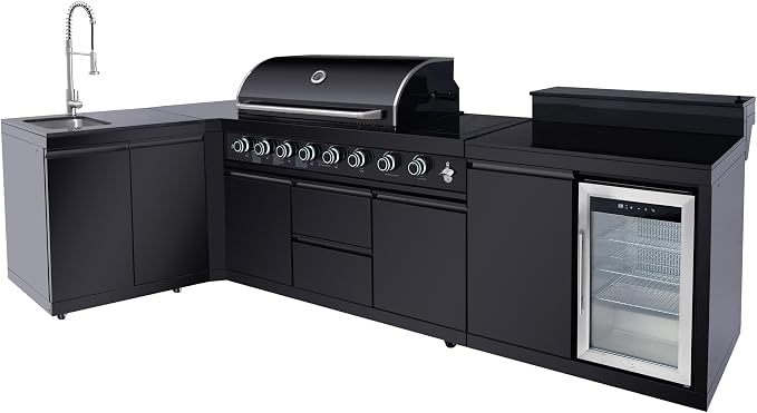 95.8'' Outdoor Kitchen Island, All-In-One 6+1 Burner, 95500 BTU BBQ Grill | Modular Outdoor Kitchen for Backyards, Grill with 304 Stainless Steel, Black Outdoor Kitchens with Sink, Refrigerator