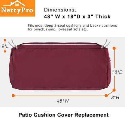 NettyPro Patio Bench Swing Cushion Cover, Outdoor Furniture Cushion Covers Replacement Water Resistant UV Protection Outside Loveseat Cushion Slipcovers with Zipper, 48 x 18 x 3 Inch