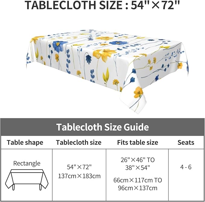 Watercolor Floral Rectangle Tablecloth Navy Blue Yellow Flower Table Cloth for Holiday Party Dining Rooms Kitchen Wedding Indoor Outdoor Birthday Table Decorations 54"x72"