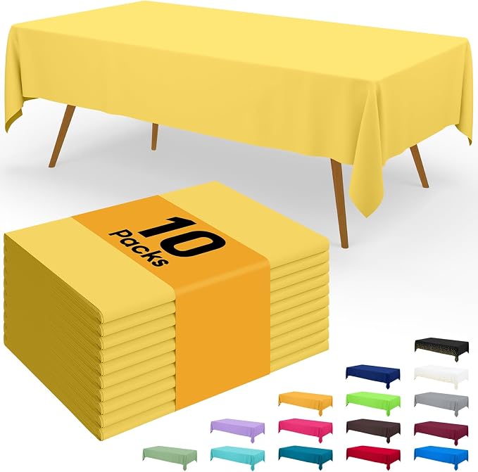 Smiry Disposable Table Cloth - 10 Pack, 54 x 108 Inch Waterproof Rectangle Tablecloths for Parties, Decorative Plastic Table Cover, Leakproof & Sturdy, Yellow
