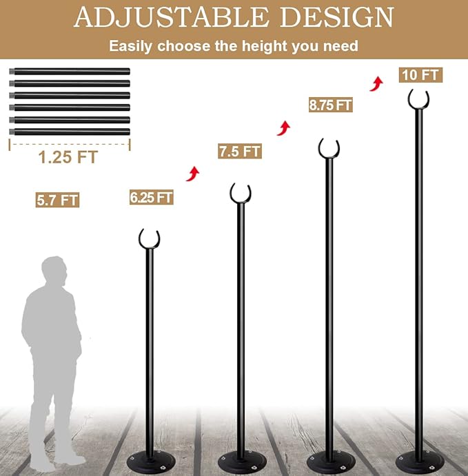 10ft String Light Poles for Outdoors, Outside Light Poles for Hard Ground Surface, Backyard, Patio, Outdoor Lighting, Matte Black, 2 Pack