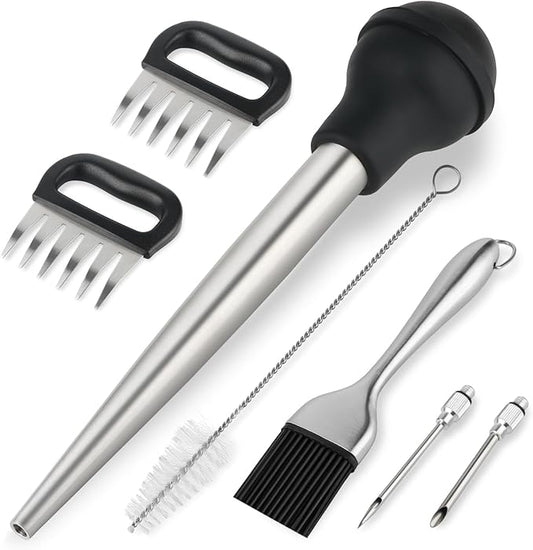 T-Raputa Turkey Baster Set – Includes Baster for Cooking, Barbecue Basting Brush,2 Meat Shredder Claws 2 Flavor Injector with Cleaning Brush– for Home Baking Kitchen Tool,Ideal Holiday Gift Great