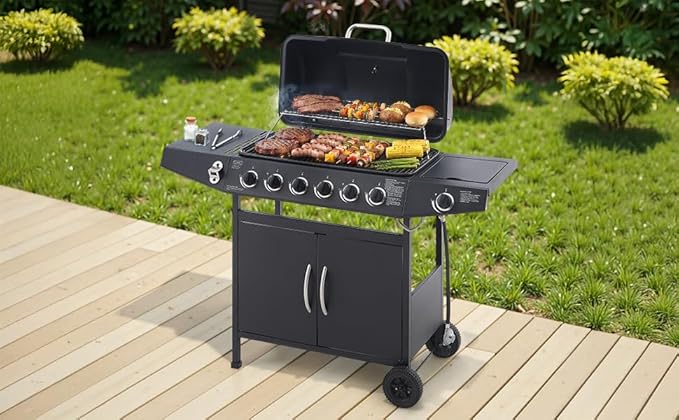 Outdoor Gas Grill with 6 Burners & Side Burner 59000 BTU Stainless Steel BBQ Grill Enamel-Coated Grates Side Tables for Backyard Patio Cooking Charcoal Grills & Smokers,A3