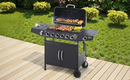 Outdoor Gas Grill with 6 Burners & Side Burner 59000 BTU Stainless Steel BBQ Grill Enamel-Coated Grates Side Tables for Backyard Patio Cooking Charcoal Grills & Smokers,A3