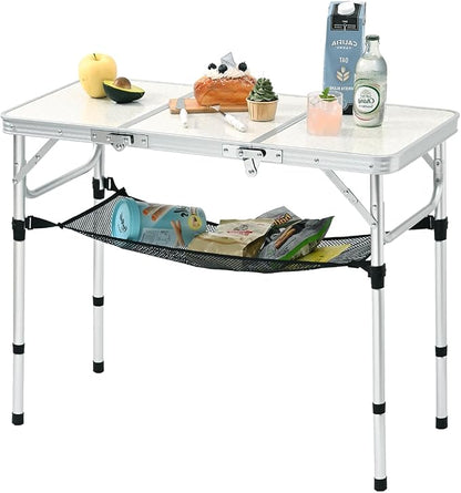 YihuiKo 3ft Aluminum Folding Picnic Table - Lightweight & Portable Outdoor Table with Adjustable Height, Storage Net for Camping, Backyard, RV Trips | 35" x 16", Adjustable Heights Max 27.5", Outdoor Table for Camping/RV/Trip, Carrying Handle, Aluminum...