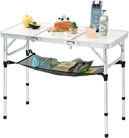 YihuiKo 3ft Aluminum Folding Picnic Table - Lightweight & Portable Outdoor Table with Adjustable Height, Storage Net for Camping, Backyard, RV Trips | 35" x 16", Adjustable Heights Max 27.5", Outdoor Table for Camping/RV/Trip, Carrying Handle, Aluminum...