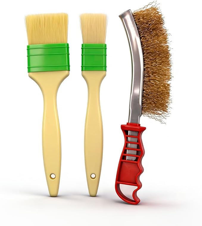 BBQ Grill Brush Set with Wire Scraper and Basting Brushes, 3-Piece, 1 in and 2 in Pastry Brushes for Cooking