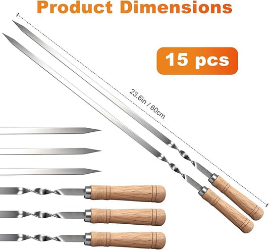 Idong 15 PCS Kabob Skewers 23.6" Large Size Flat Stainless Steel BBQ Skewers for Grilling Meat with Wood Handle, Reusable Metal Grilling Set for Koobideh Persian Shrimp Chicken Vegetable Kebab Fork