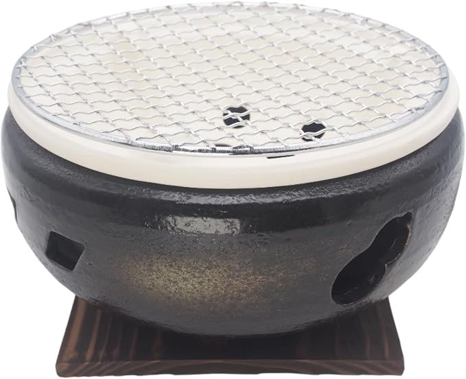 Japanese Tabletop BBQ Charcoal Grill Water Stove - with Metal Grate and Wood Base - 7.87 x 7.87 in - Made in Japan