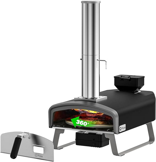 Wood Pellet Pizza Oven with Rotatable Stone, Portable Pellet Pizza Oven with Chimney and Door, Outdoor Pizza Stove for Backyard, Camping, Picnicking, RV, Tailgating, PS106