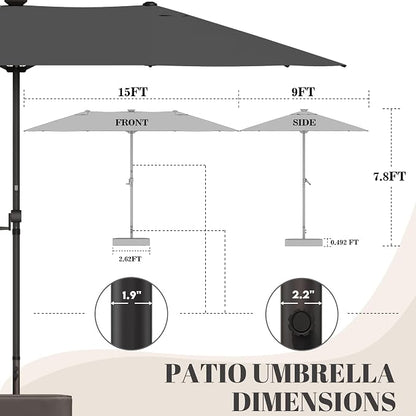 GDPFN 15ft Rectangular Patio Umbrella with Solar LED Lights, Double-Sided Outdoor Market Umbrella with Base Included, Extra Large Shade for Pool, Deck, Backyard, Garden, Dark Gray