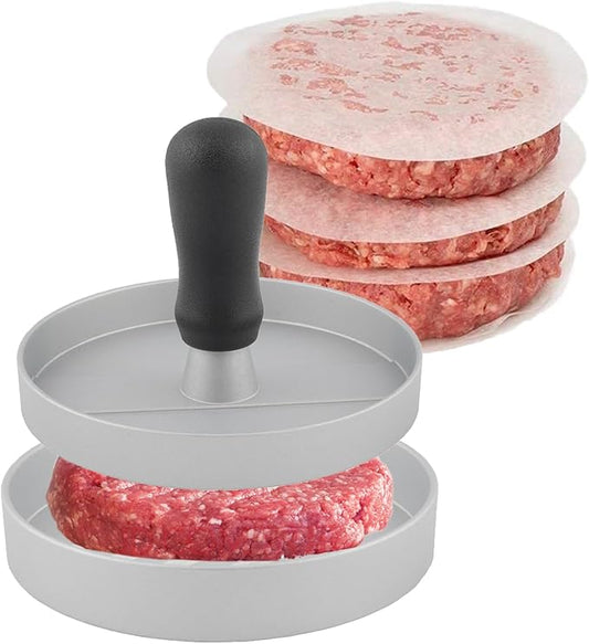 Aluminum Burger Press Patty Maker with 200 Non-Stick Papers - Commercial & Home Use, Hamburger Meat Press Tool, Dishwasher Safe (Silvery)