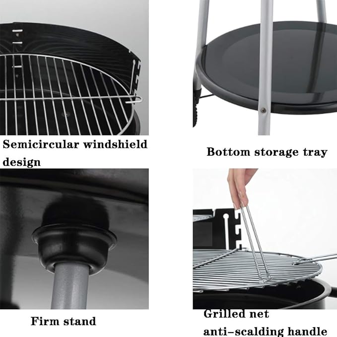 BBQ Grill,Portable Charcoal Grill for Picnic in The Park, Outdoor Large Barbecue Grill with Movable Rollers, Grill Net Height Adjustment in 4 Levels (Color : Black, Size : 52 * 49.5 * 81cm)