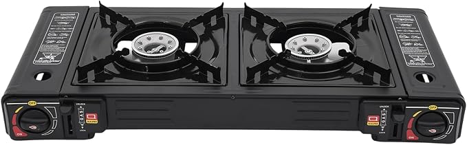 2-Burner Butane Camping Stove, Portable Camping Stove with Adjustable Burners & Carrying Case, Piezoelectric Ignition Camping Burner, Dual Fuel Stove with LPG & Butane Compatibility