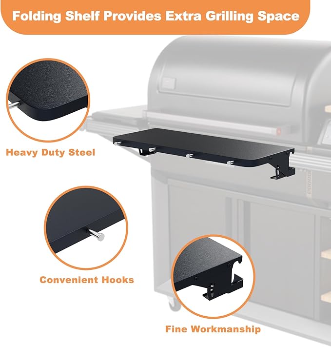 AJinTeby Front Shelf for Traeger Woodridge/Timberline/Ironwood Series, 26.75 x 10 inch P.A.L Shelf BAC762 for Traeger Pellet Grill, Detachable with 4 Hooks, Traeger Pop-and-Lock Accessory
