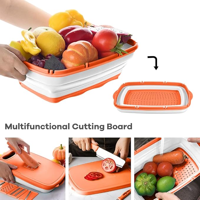 Gintan Camping Cutting Board, 9-in-1 Collapsible Chopping Board with Colander, Kitchen Vegetable Washing Basket for Camping, Camping Gifts Camping Accessories for RV Campers (orange)