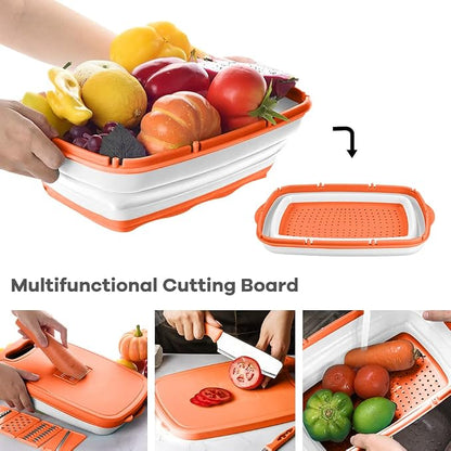 Camping Cutting Board, HI NINGER Collapsible Chopping Board with Colander, 9-In-1 Multi Kitchen Vegetable Washing Basket,Camping Gifts Accessories for RV Campers | Multi Camping Cutting Board Kitchen Vegetable Washing Basket for Camper ,bbq prep tub,Ca...