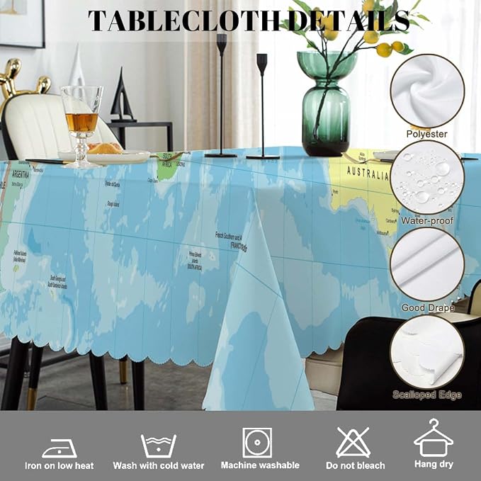 Swono World Map 52"X70" Oblong Table Cloth Earth World Map with Countries Oceans Lakes Wrinkle Free Table Cover Farmhouse Tablecloth for Home Restaurant Picnic Indoor Outdoor Dining