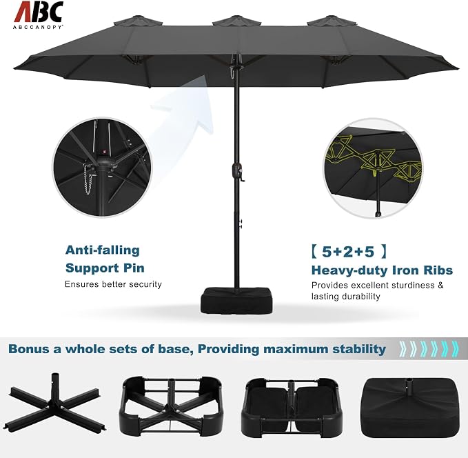 ABCCANOPY 15FT Double-Sided Rectangle Patio Umbrella with Base, Dark Gray | Rectangular Outdoor Table Umbrella with Crank, Heavy Duty Market Umbrella Shade for Garden,Poolside, Lawn, Backyard