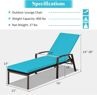 Tangkula Patio Rattan Lounge Chair, Outdoor Reclining Chaise with Cushion and Armrest, Wicker Sun Lounger with Adjustable Backrest for Garden, Balcony, Poolside (1, Turquoise)