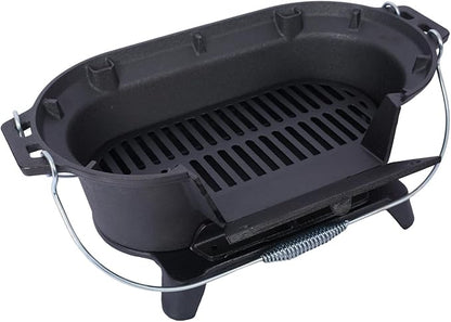 Oval Cast Iron Grill Outdoor, Portable Charcoal Grill and Tabletop Cast Iron Skillet - 100% Cast Iron, Durable, Small Charcoal Grill, Camping Stove, Hibachi Grill (19.6"L×10.6"W×8.2"H)