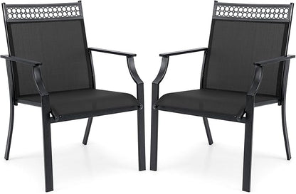 Giantex Patio Chairs Set of 2, Outdoor Chairs with All Weather Fabric, High Backrest, Armrests, Heavy Duty Metal Armchair, Outside Dining Chairs for Porch Lawn Garden Yard Pool, Black
