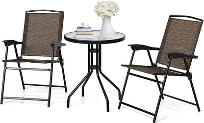 LDAILY LUARANE 3 Piece Patio Bistro Set, Outdoor Table and Chairs Set, 2 Folding Chairs & Coffee Table w/Textured Glass Tabletop, Small Patio Furniture Set for Balcony, Front Porch, Backyard & Garden