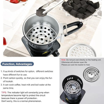 Charcoal Starter - Coal Burner for Cubes Hot Plate Durable Faster Electric Coal Stove 120V~600W Charcoal Burner with Detachable Handle Stainless Steel Grill & Rack Smart Heat Control for BBQ Kitchen