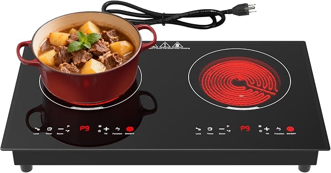 WABK 2 Burner Electric Cooktop 110V, 24 Inch Built-in & Countertop Ceramic Stove Top, 3000W Infrared Hot Plate for RV Apartment, Compatible with All Cookware, Child Lock & Timer