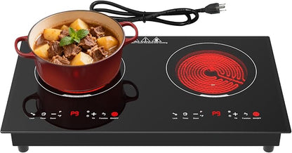 WABK 2 Burner Electric Cooktop 110V, 24 Inch Built-in & Countertop Ceramic Stove Top, 3000W Infrared Hot Plate for RV Apartment, Compatible with All Cookware, Child Lock & Timer