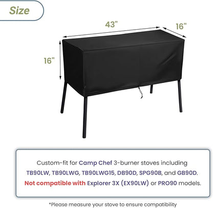 Patio Cover for Camp Chef 3 Burner Stoves - Outdoor Grill Stove Protector Fits TB90LW, TB90LWG, TB90LWG15, DB90D, SPG90B, PRO90, 43" L x 16" W x 16" H (For 3 Burner)